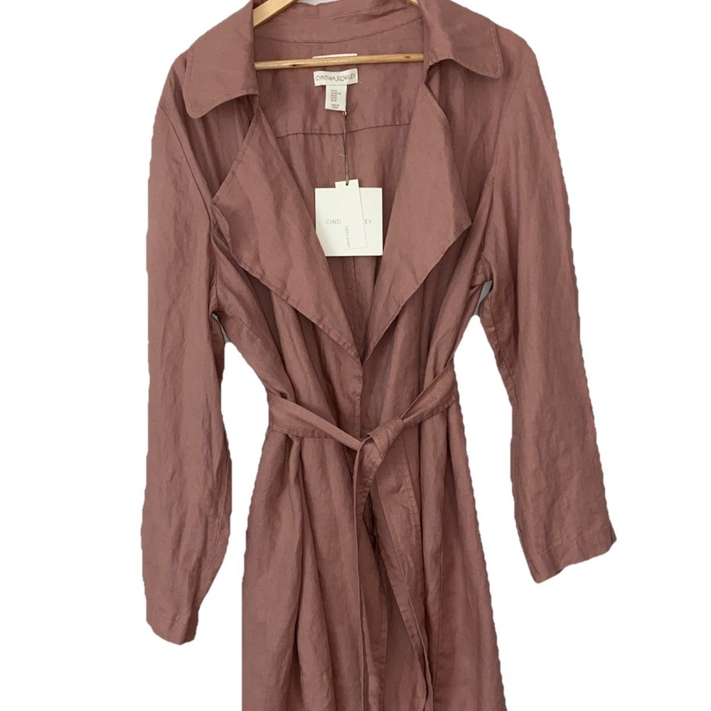 New Cynthia Rowley 100% Linen Trench Coat Dusty Rose Tie Waist Pockets Womens XL - Picture 4 of 10